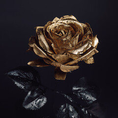 Close-up of golden rose with black leaves and water drops isolated on dark black background....