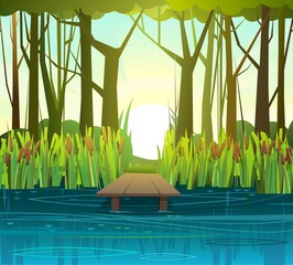 Summer forest landscape with a pond. Bank of a river or lake. Morning sunrise. Trees and thickets. Swamp illustration. Flat style. Water waves. Fishing pier. Vector