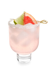 Glass of tasty grapefruit margarita on white background