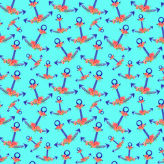 Anchor with flowers seamless pattern. Watercolor marine print on a blue background