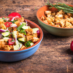 Italian vegetarian panzanella salad in a bowl with ciabatta croutons with rosemary, close-up
