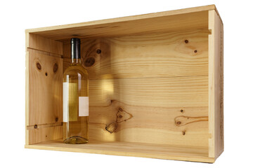 A bottle of white wine in a wooden box with copy space