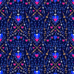 Abstract classic style seamless pattern with creative arrows and hearts in minimalism aesthetic, retro background.