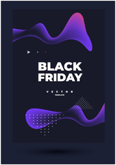 futuristic vector design for flyer with shapeless bright drops and other geometry forms and lettering black friday on the dark background