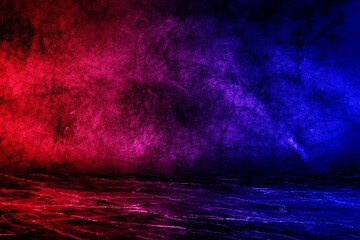 Empty space of Studio dark room with lighting effect red and blue on concrete floor grunge texture background.