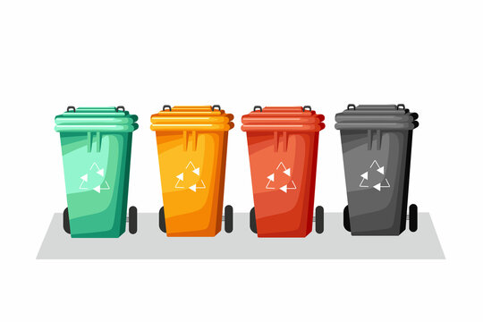 Waste collection bins. Sorting garbage by different types. Vector illustration from a cartoon.