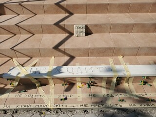 Tiled stairs renovation. Construction background with zig zag shadow pattern on staircase. Cement...