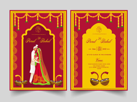 Indian Wedding Invitation Card With Event Details In Red And Yellow Color.