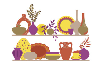 A set of dishes, colorful plates, bowls, ceramic vases with plants and a jug on a white background. handmade ceramic earthenware tableware. Vector.	