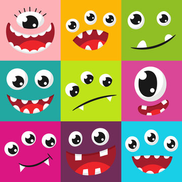 Cute monster faces with eyes, fangs. Cartoon, kind, smiling, expressive, funny facial expressions. Color, bright, vector flat illustration for children on a colored background.
