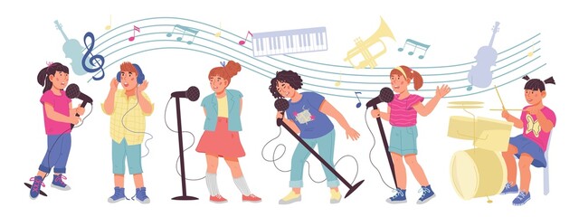 Naklejka premium Banner with children playing musical Instruments and singing songs. Kids orchestra or band, music education for children and karaoke concept, flat vector illustration isolated on white background.