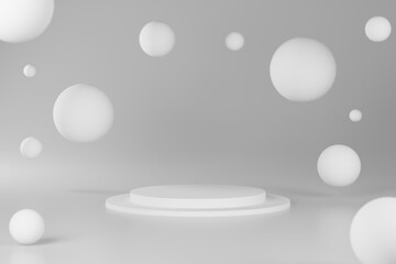 3D white abstract geometry podium for product advertising. 3D rendering of minimal podium around with spheres. 3D illustration.