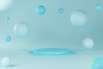 3D blue abstract geometry podium for product advertising. 3D rendering of pastel minimal podium around with spheres. 3D illustration.