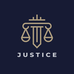 Justice law firm logo line icon. Legal group sign. Lawyer attorney symbol. Vector illustration.