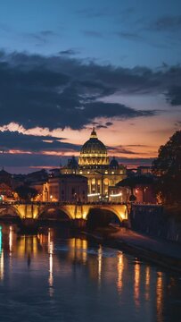 hyper lapse of St. Peter's Basilica, Sant Angelo Bridge, Vatican, Rome, Italy