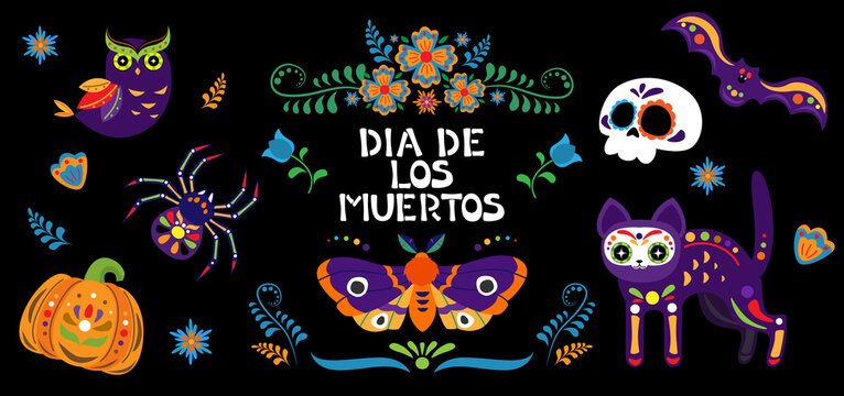 Dia de los muertos - Day of the dead set. Sugar skull, cat, bat, pumpkin, owl, spider, moth and flowers.