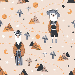 Funny cute seamless pattern with a llama in a hat against a background of mountains, cacti, and stars.Creative children's llama texture.For printing children's textiles, fabrics, decor, gift wrapping. © Ms_Tali