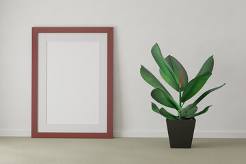 Mockup of a large brown poster frame in an interior - design with ficus plant - 3d rendering, illustration