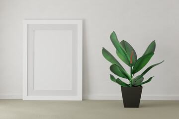 Mockup of a large white poster frame in an interior - design with ficus plant - 3d rendering, illustration