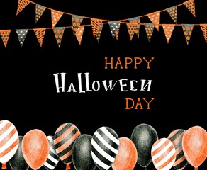 Happy Halloween Banner, Party Balloons. Illustration Halloween Decoration (Bunting Pennants, Balloons) with lettering Happy Halloween day.
