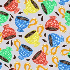 Vector seamless patter n with colorful porcelain cups with coffee