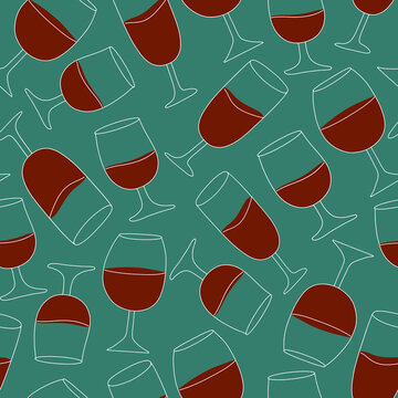 Vector seamless pattern with wine glasses on a bottle green background