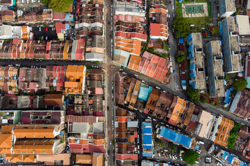 Aerial view showing roof tops of the heritage houses and streets of Georgetown Penang.