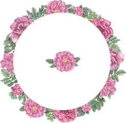 Round wreath with roses, leaves and a flower in the middle. Hand-drawn graphic botanical frame. Plant illustrations for design, cards, invitations.