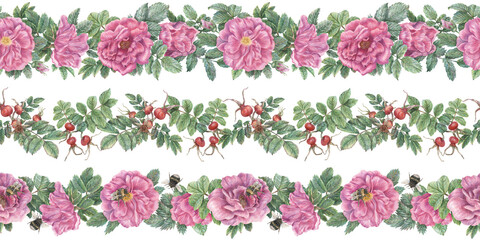 Set of hand-drawn seamless borders with flowers and rose hips, leaves, bumble bees. Botanical borders for ribbons, designs, decorations and fabrics.