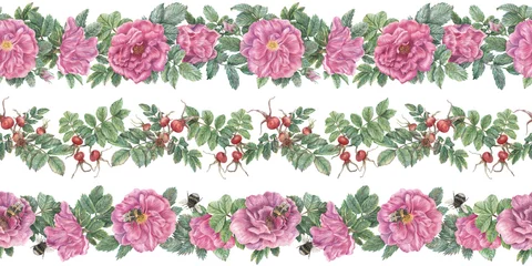 Selbstklebende Fototapeten Set of hand-drawn seamless borders with flowers and rose hips, leaves, bumble bees. Botanical borders for ribbons, designs, decorations and fabrics. © Zinziber
