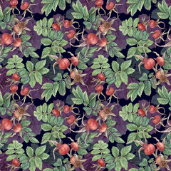Hand-drawn seamless pattern with pink flowers, leaves and rose hips. Isolated plant elements on a dark background. Botanical texture for decoration, packaging, fabrics, designs, etc.