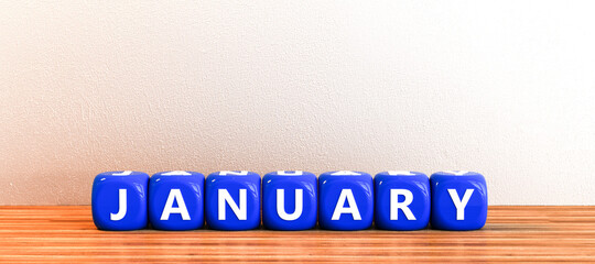 January als Wort mit Würfeln vor leerer Wand