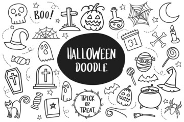 Set of Halloween doodle isolated on white background.