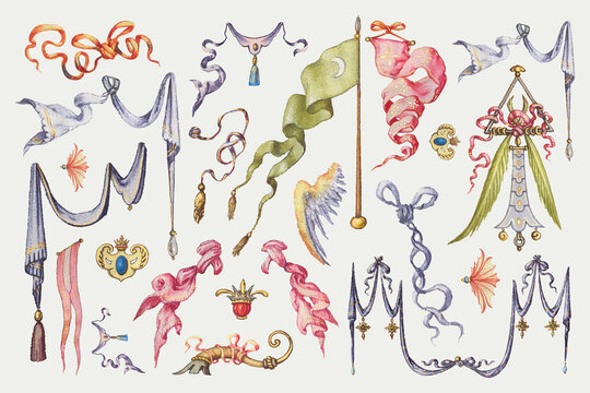 Heraldic ribbon and flag medieval vector collection, remix from The Model Book of Calligraphy Joris Hoefnagel and Georg Bocskay
