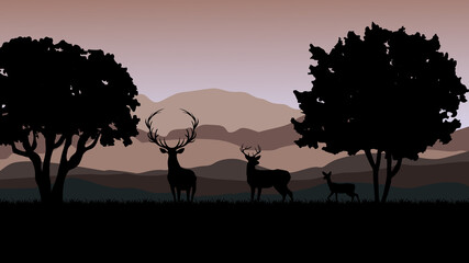 Silhouette of beautifully stylized cartoon deers and Deer Silhouette Landscape 