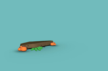 Brown coffin with monster hand under. Little orange pumpkins and spiders. 