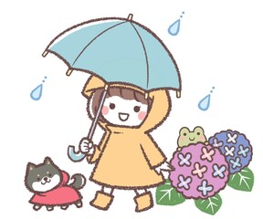 アジサイとカエルと雨とカサと女の子と黒柴犬