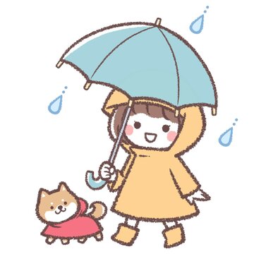 雨とカサと女の子と柴犬