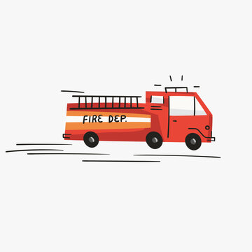 Cartoon fire engine isolated on white background. Hand drawn fire truck doodle illustration. Childish flat vector fire department machine, ideal for kid t shirt print, poster design