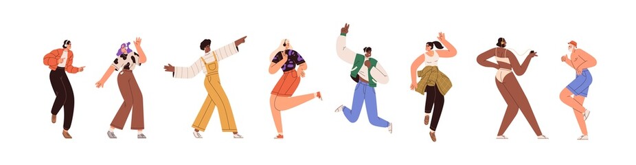 Happy people dance to music while listening to it with headphones and earphones. Set of diverse modern man and woman dancing from joy and fun. Flat vector illustration isolated on white background
