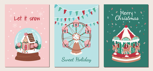 Holiday Christmas set carnival sweets poster for cards, media, fabric, linen, textiles and wallpaper