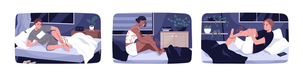 People feel sharp muscle pain because of leg cramps at night. Man and woman in beds with sudden acute aches in foot and ankle. Person suffering from spasms and numb limbs. Flat vector illustrations - obrazy, fototapety, plakaty