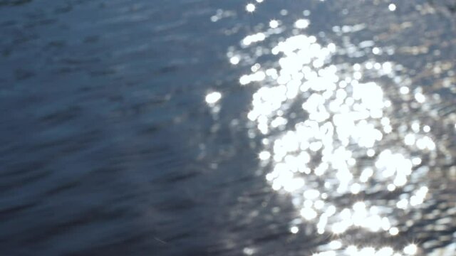 Abstract natural slow motion 4k video background. Blurry blue rippling wavy water with sparkling sun light on surface
