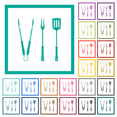 Barbecue tongs and fork and spatula solid flat color icons with quadrant frames