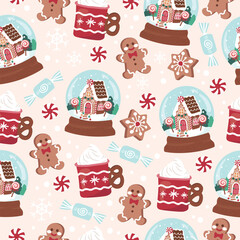 Holiday Christmas globe, biscuits, desserts, and sweets seamless pattern for fabric, linen, textiles and wallpaper