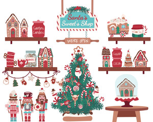 Holiday Sweet Christmas tree, gingerbread house, nutcracker, biscuits and sweets for cards, media, fabric, linen, textiles and wallpaper