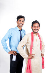 Young indian officer with farmer on white background.