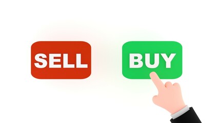 A friendly human hand presses the buy button. 3d render business illustration on white background