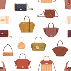 Seamless fashion pattern with women hand bags of different shape, color and design. Repeatable background with modern leather handbags, purses and clutches. Flat vector illustration for printing