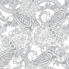 Floral fabric background with paisley ornament. Seamless vector pattern